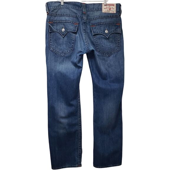 True Religion Men's Size 38 Flap Straight Jeans Medium Wash Blue - Picture 4 of 14